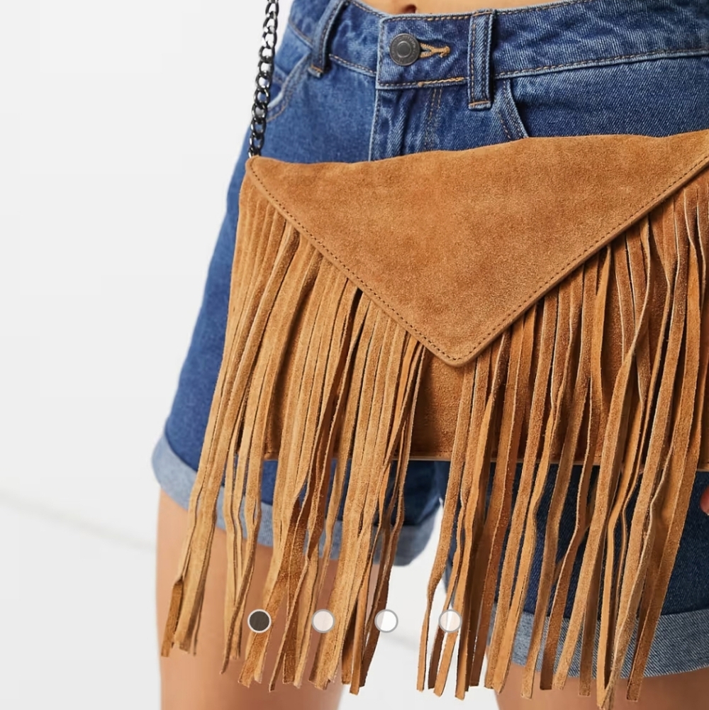 Urbancode London Suede Fringe Chain Crossbody Envelope Bag Tan